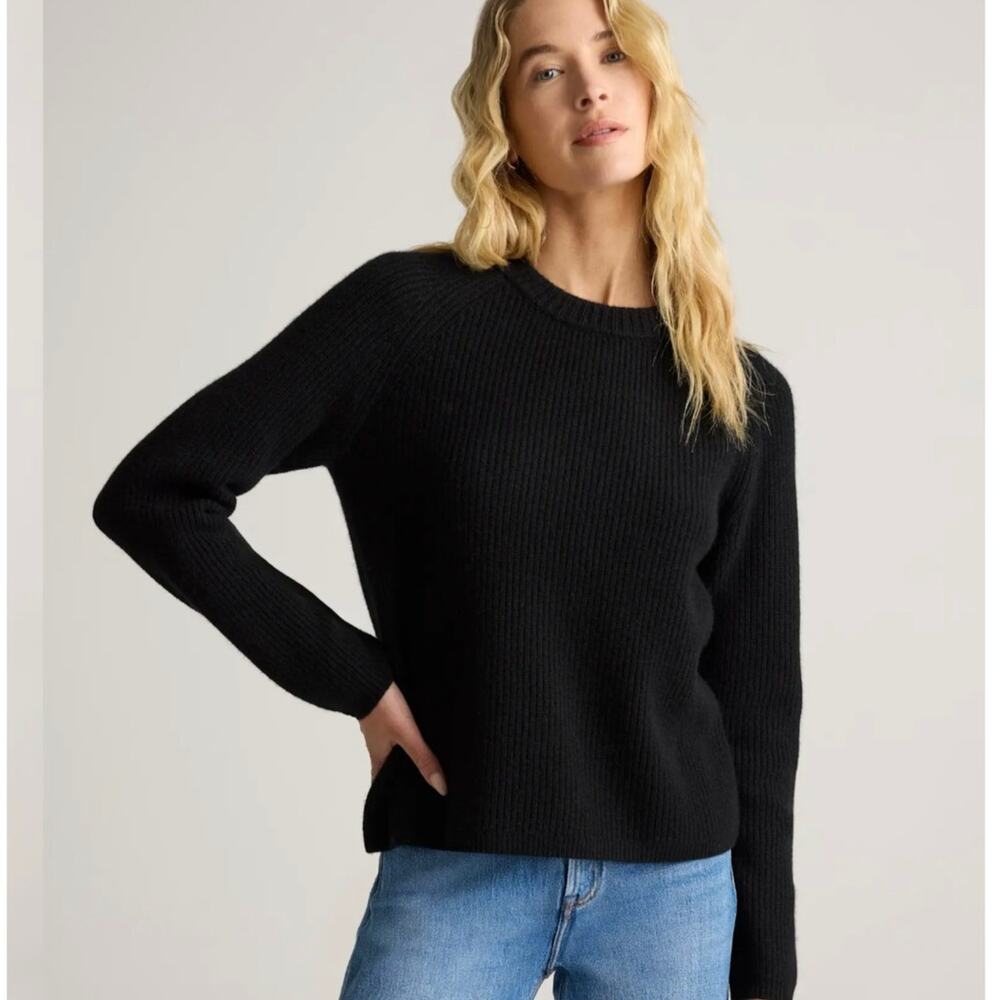 Quince 100% Mongolian Cashmere Black Fisherman Ribbed Crewneck Sweater NWT S - Picture 1 of 11